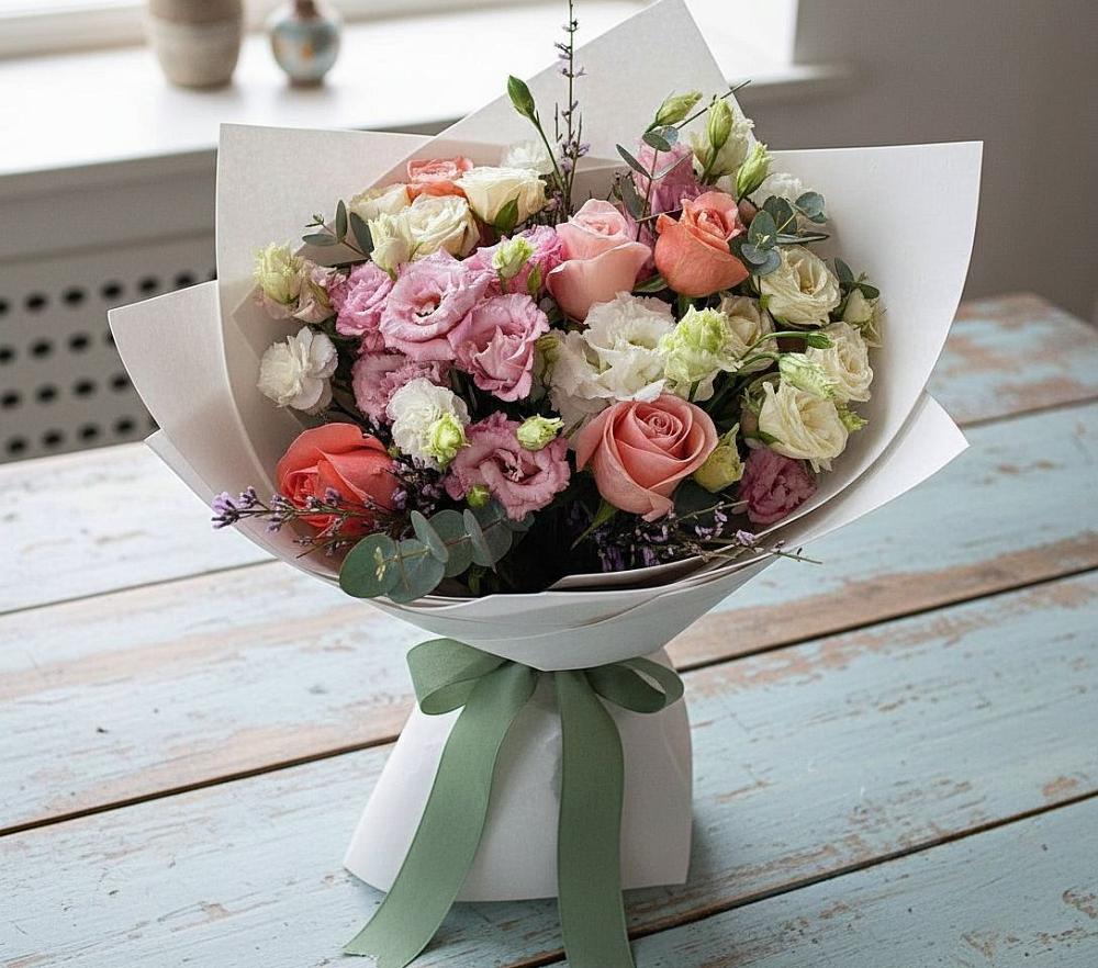 Букет цветов из: Розы, Лизиантусы и Гвоздики в Щеглово