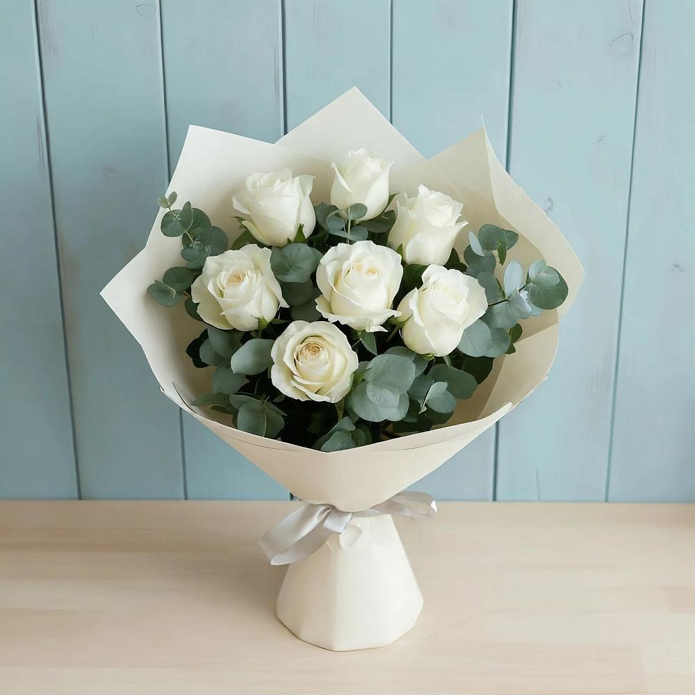 Букет Белые розы в Эвкалипте в Щеглово